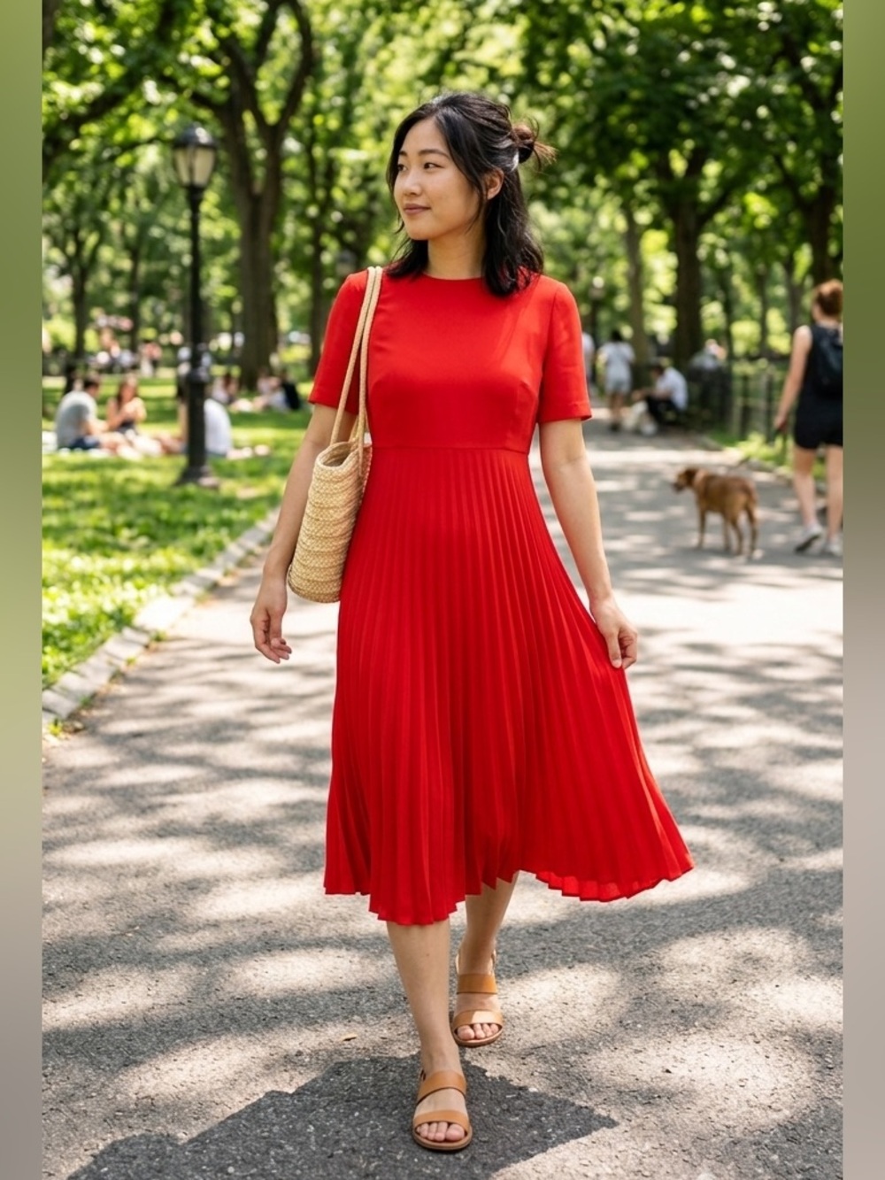 Saks Fifth Avenue Red Pleated Short-Sleeve Midi Dress‎